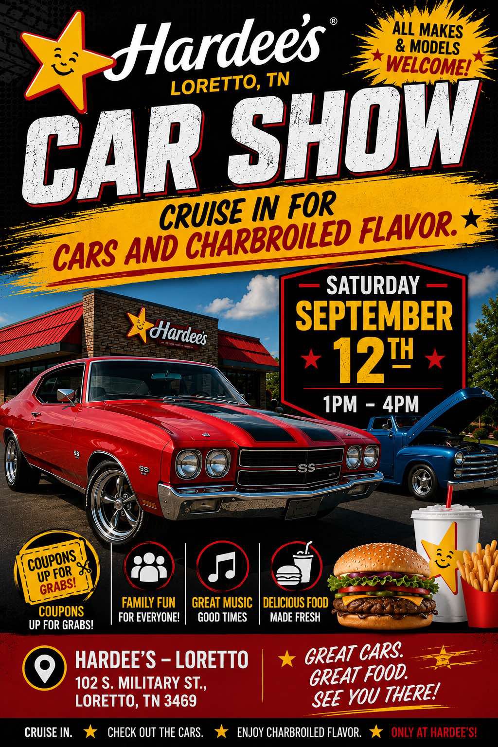 Dinner & Car Show at Hardee’s Loretto event flyer