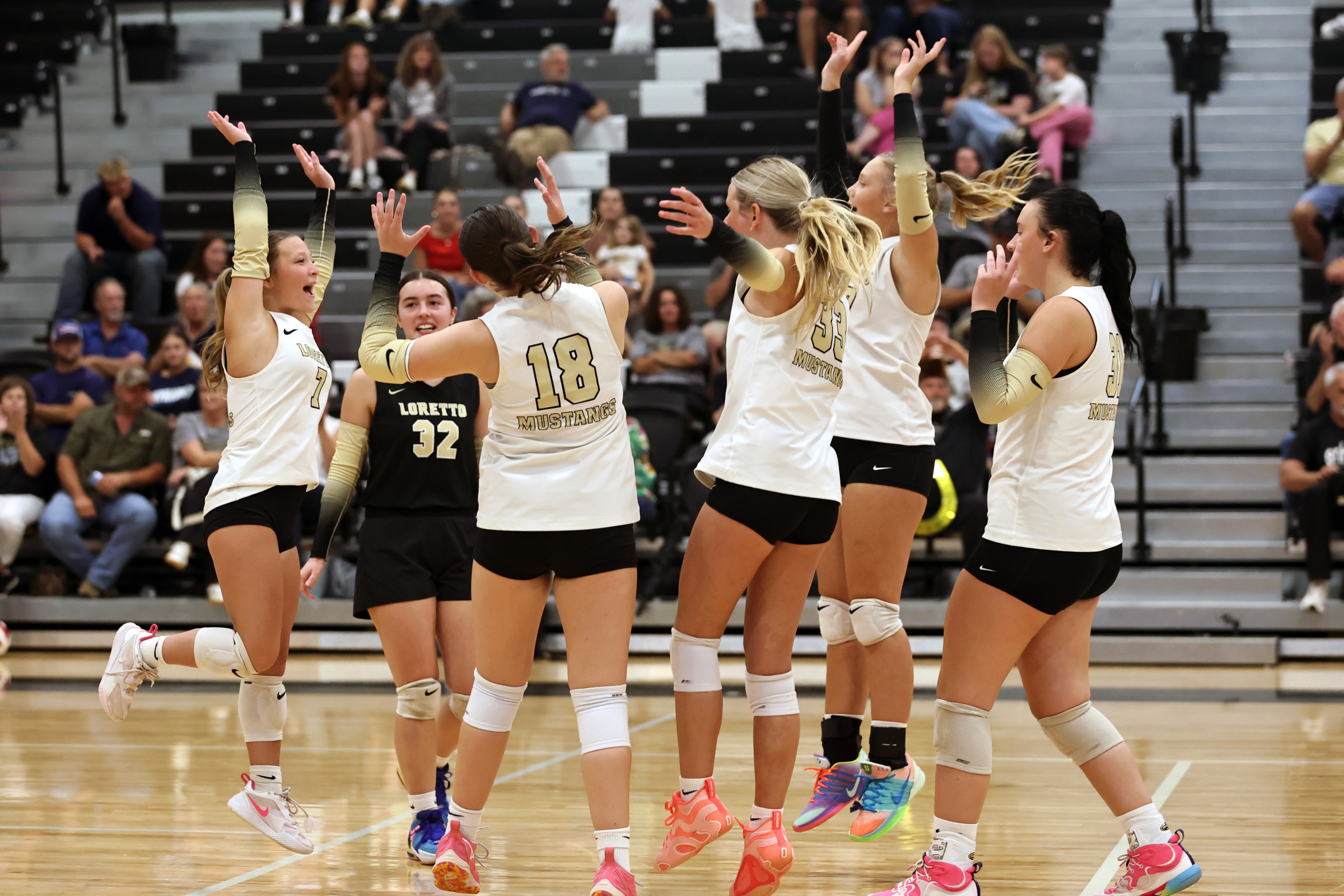 Lady Mustangs JV team members celebrate.